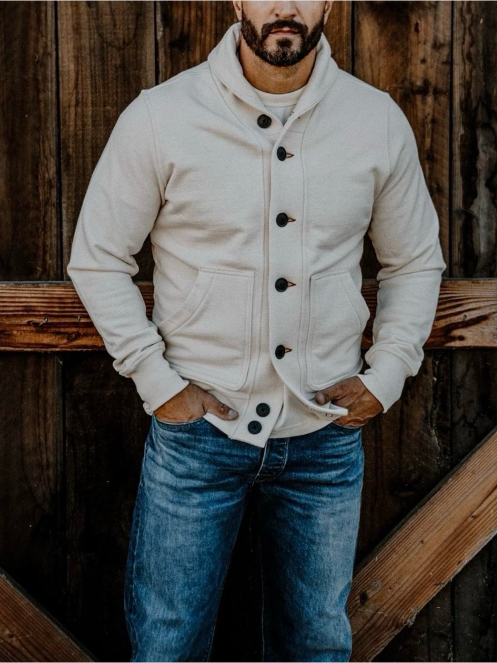 Men's Wies Made Bodega Cardigan in color natural. Size large.